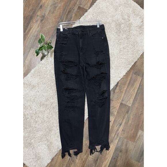 American Eagle Size 10 Washed Black Distressed High Rise Mom Jeans - Picture 1 of 7